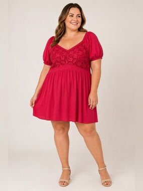 Torrid Size 4 Pink Lace Babydoll Dress Puff Sleeve Rayon Stretch Plus Size